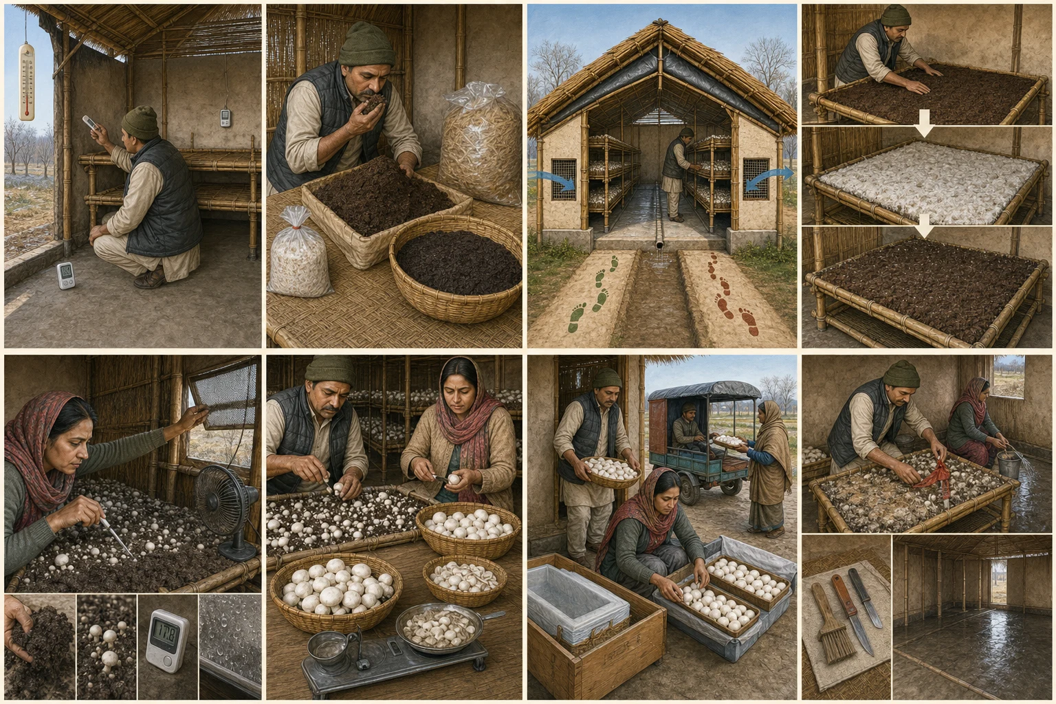 Educational illustration: Farmer checking fixed outdoor and indoor temperature and humidity points around a winter mushroom hut