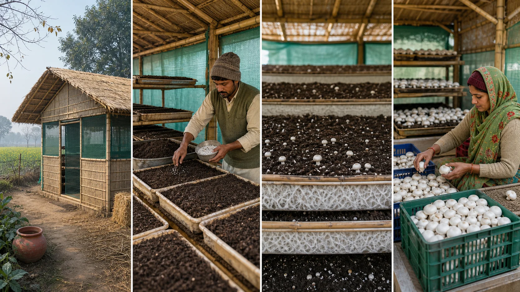 Four-panel educational illustration from winter hut selection to Button Mushroom harvest