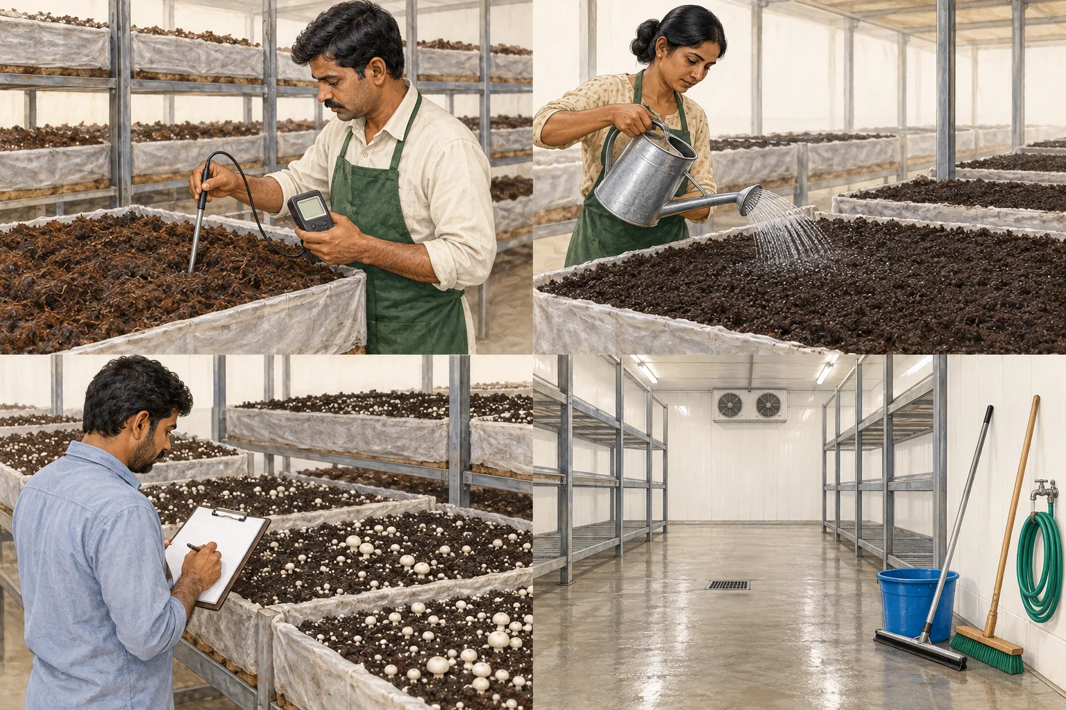 Generated illustration of an operator inserting a temperature probe into a compost bed. Generated illustration of gentle water application to a bare casing surface before mushrooms emerge. Generated illustration of a grower recording different pin densities along mushroom beds. Generated illustration of an empty growing room with racks, dedicated cleaning tools and a hose.