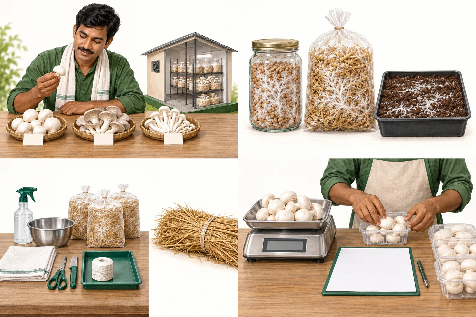 Four AI-generated educational scenes: Choose your crop; Know the materials; Prepare the workflow; Harvest, sell, record.