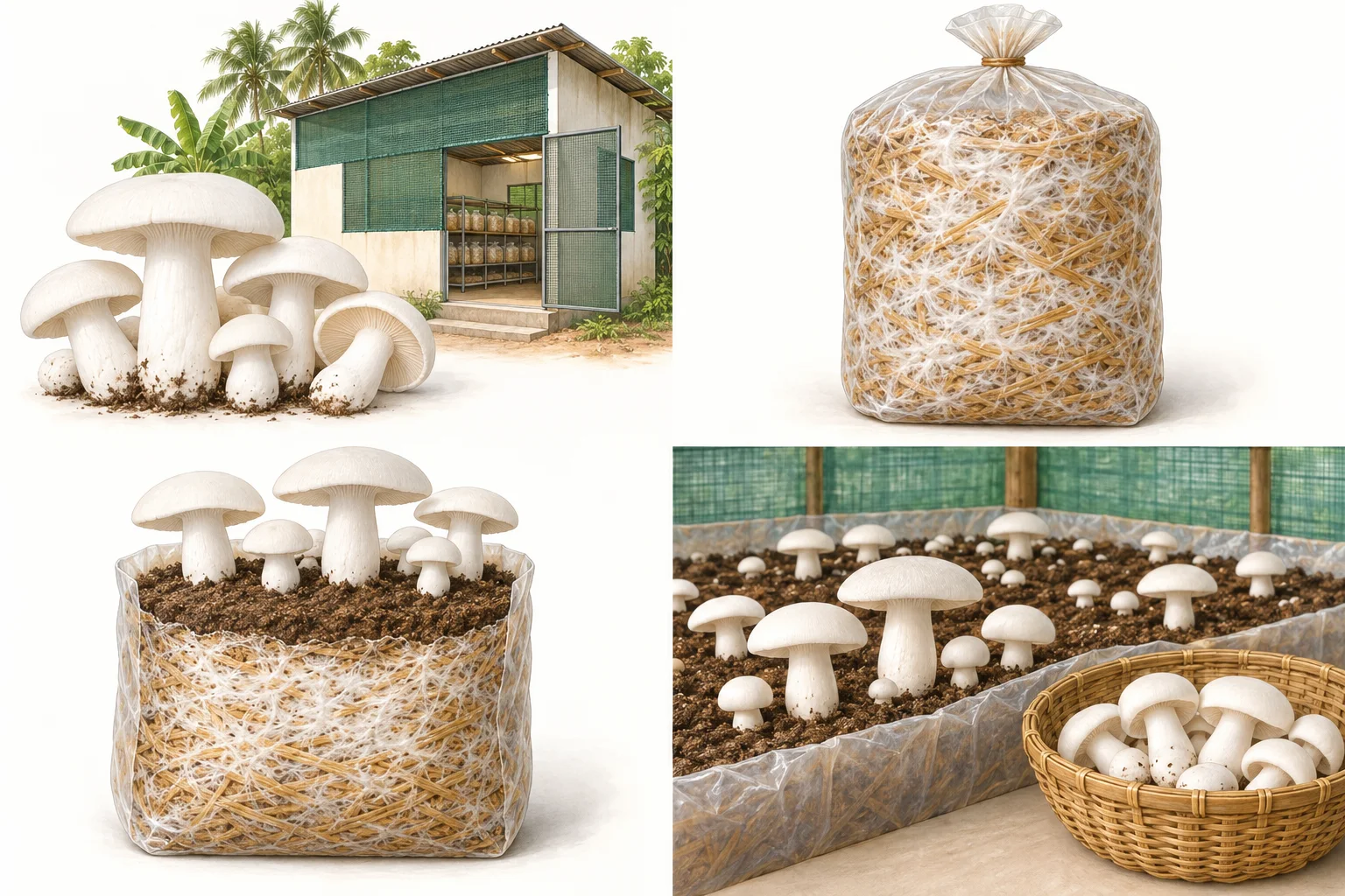 Four AI-generated educational scenes: Match crop and room; Check colonisation; Add a distinct layer; Watch the crop develop.