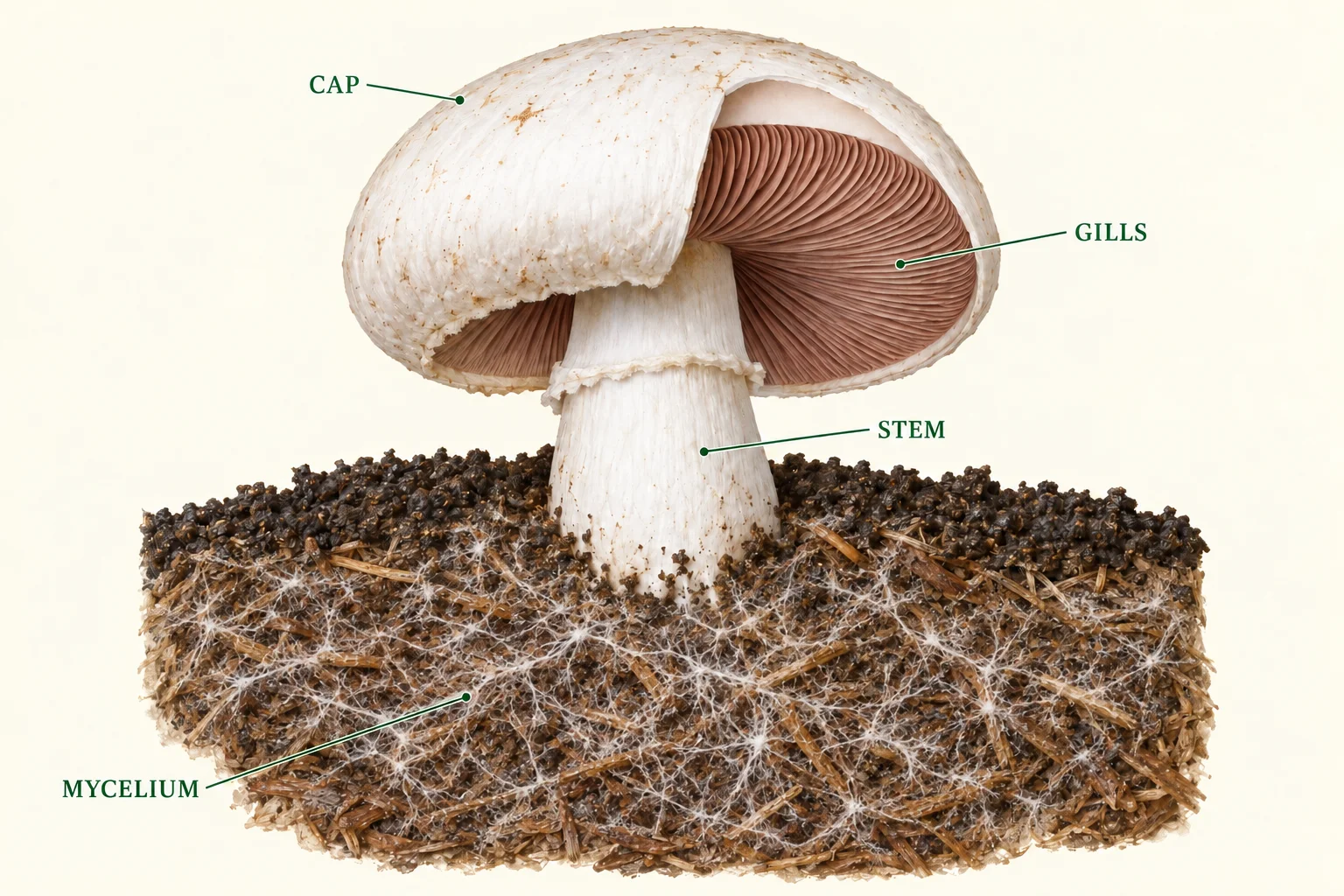 Generated Button anatomy and mycelium illustration.