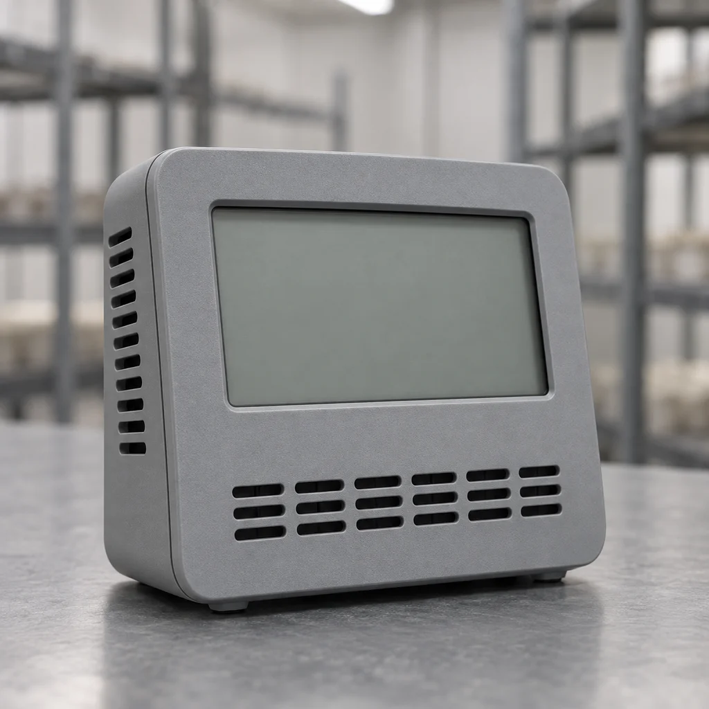 Generated close-up of a vented room-air monitor with a blank display.