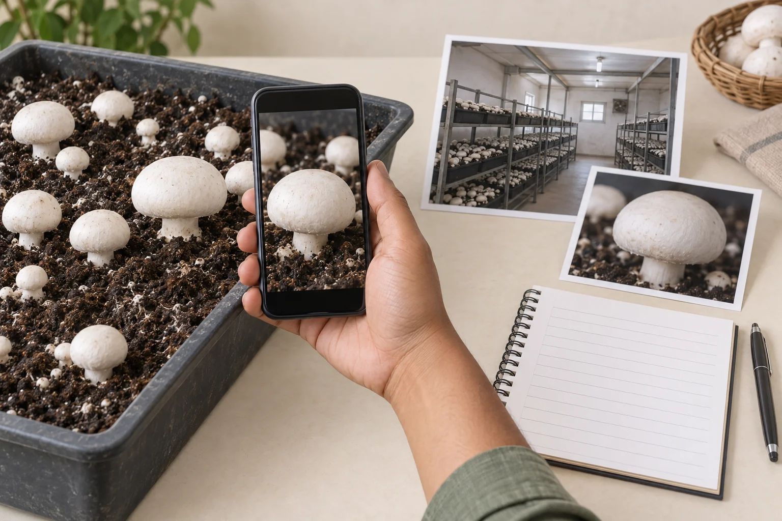 Generated demonstration of a crop detail photograph, a whole-room view and a notebook beside Button mushrooms.