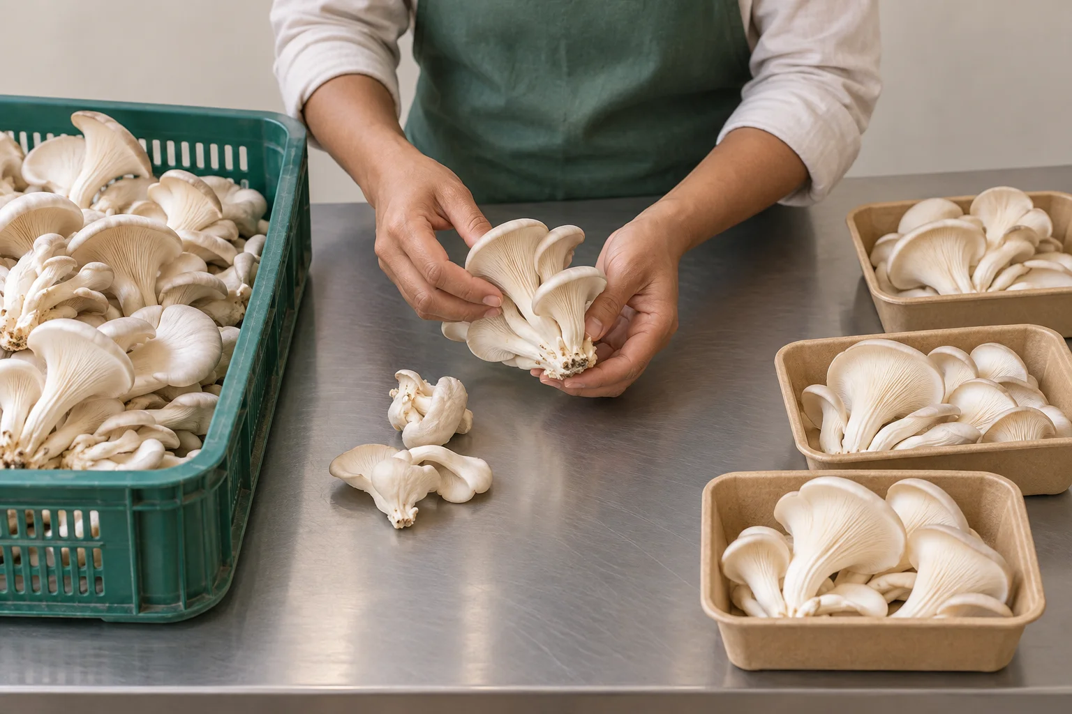 Generated scene of oyster clusters being gently sorted from a shallow crate into produce containers on a clean-looking bench.
