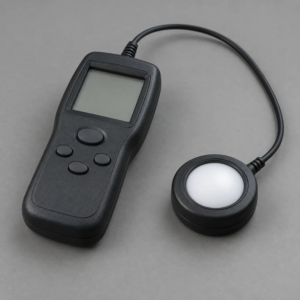 Generated close-up of an illuminance meter and its separate white-diffuser sensor, with a blank display.