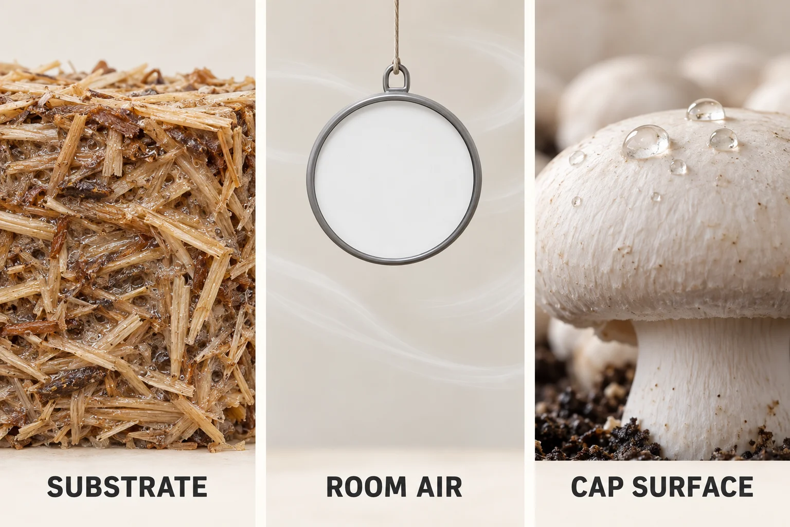 Generated comparison of water in substrate, a symbolic room-air instrument and droplets on a Button mushroom cap.