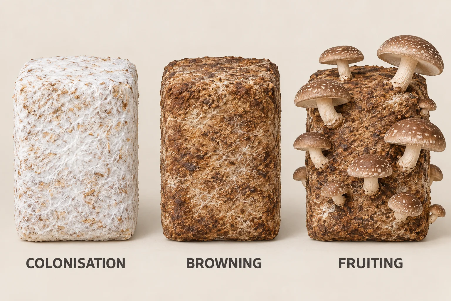 Generated sawdust-block comparison labelled colonisation, browning and fruiting with Shiitake caps on the final block.