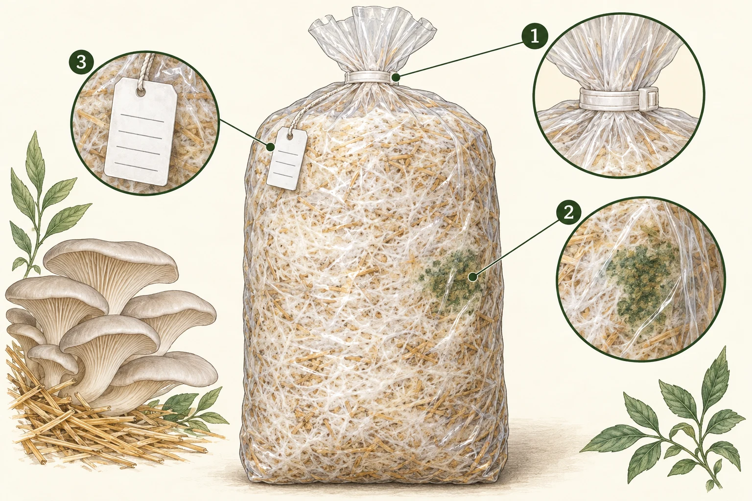 Teaching drawing of an intact straw bag: 1 closure, 2 illustrative green patch, 3 batch label.
