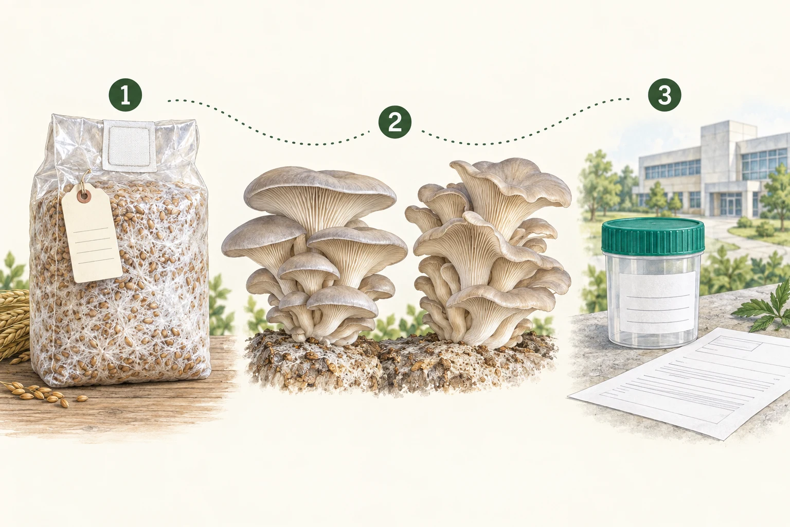 Illustrated evidence pathway: 1 labelled spawn bag, 2 differently shaped oyster clusters, 3 conceptual laboratory handoff.