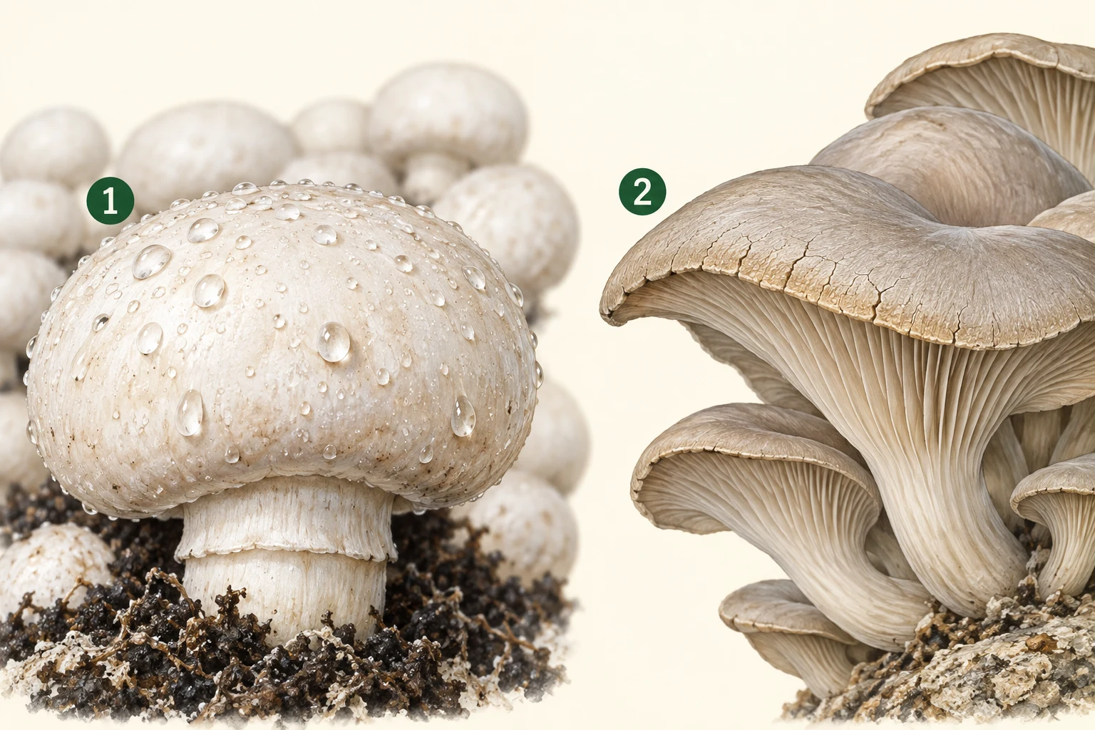 Two illustrated moisture clues: 1 droplets on a button cap, 2 a dry cracked oyster mushroom edge.