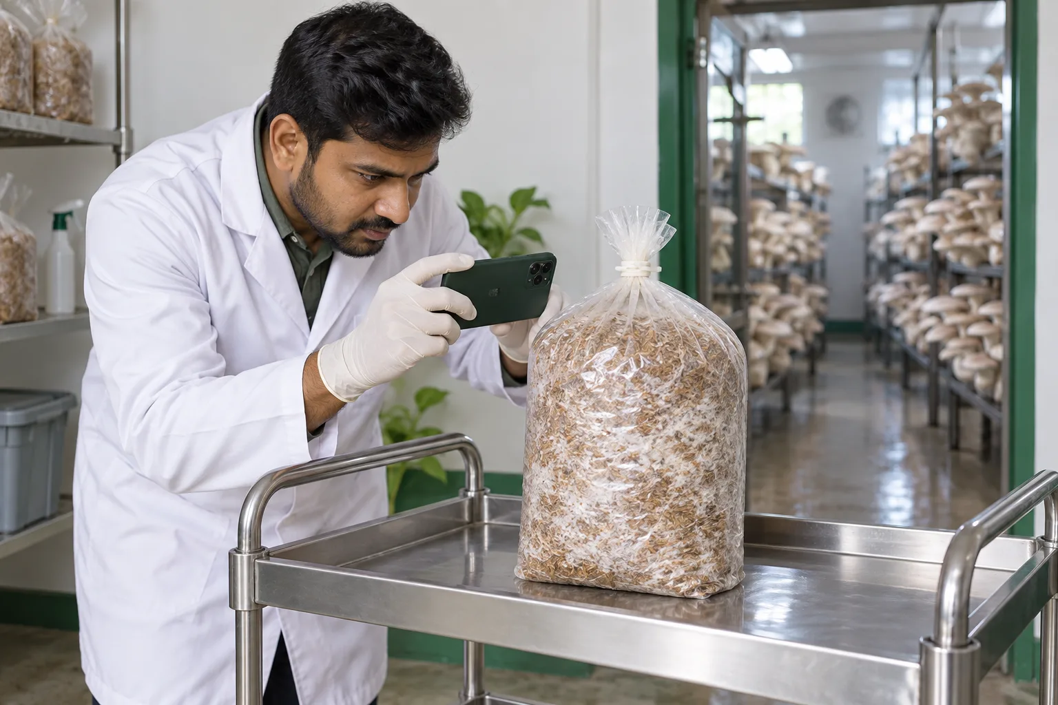 Illustrated grower photographing a closed mushroom substrate bag without opening it.