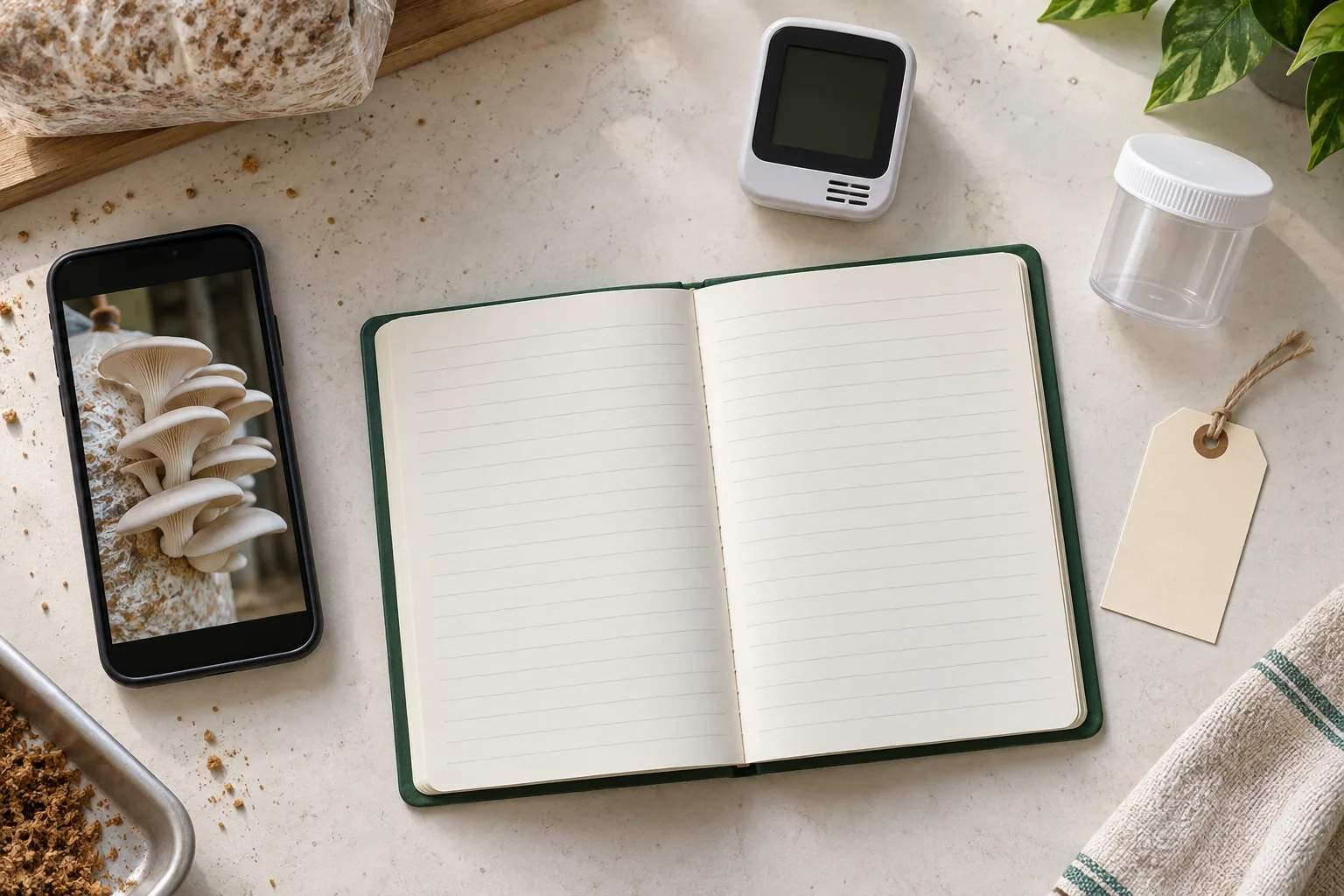Illustrated notebook, camera, batch tag and monitoring tools for recording where a pest was seen.