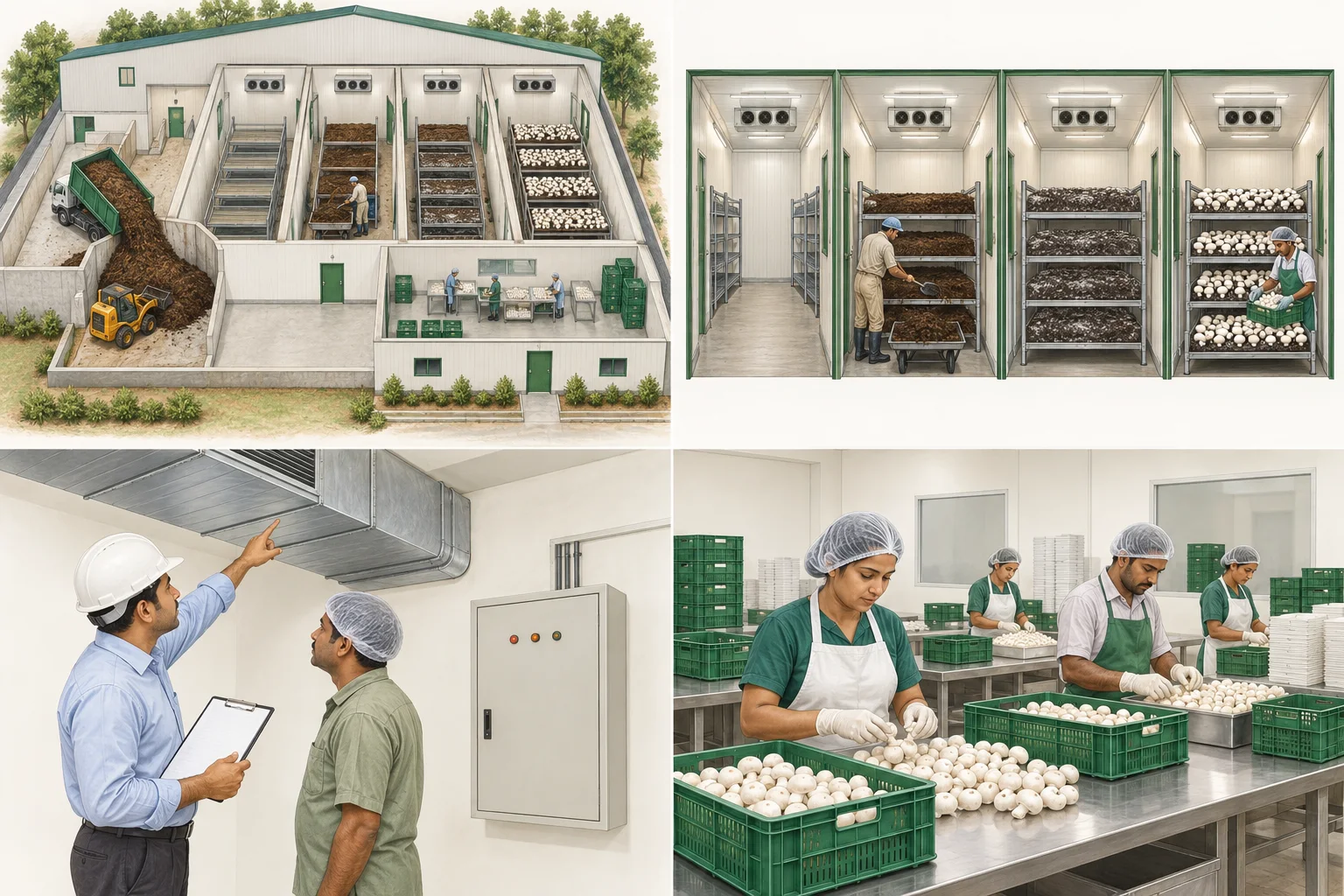 Conceptual commercial mushroom farm cutaway with separate growing and handling areas.