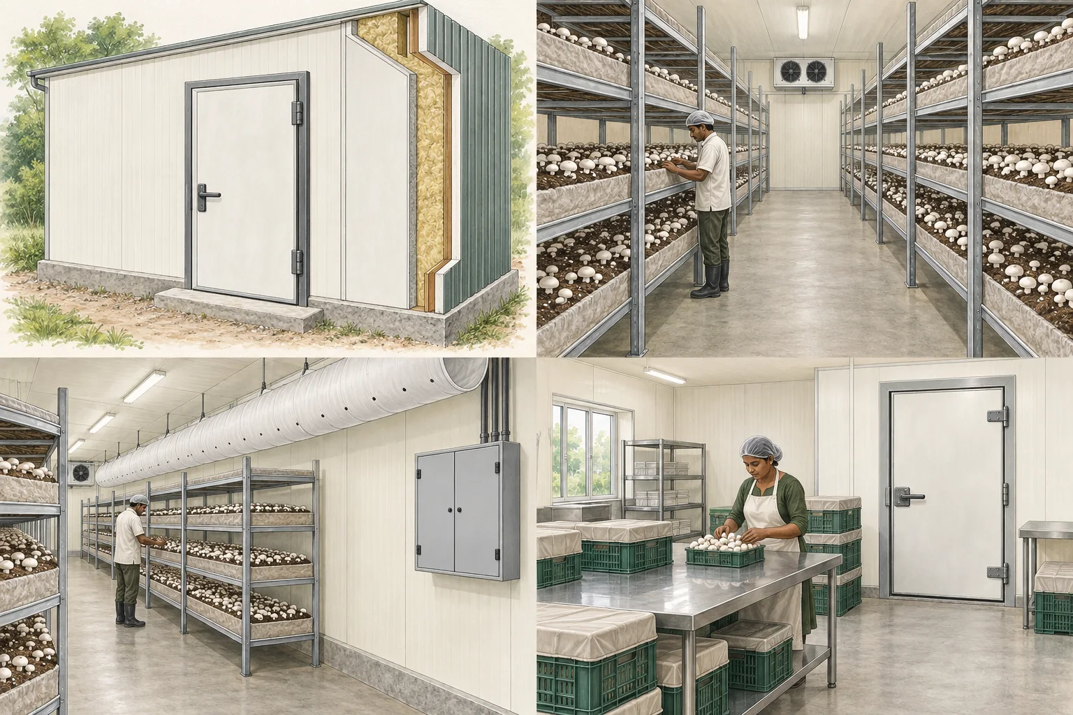 Generated conceptual cutaway of an insulated mushroom-room wall and closed door.