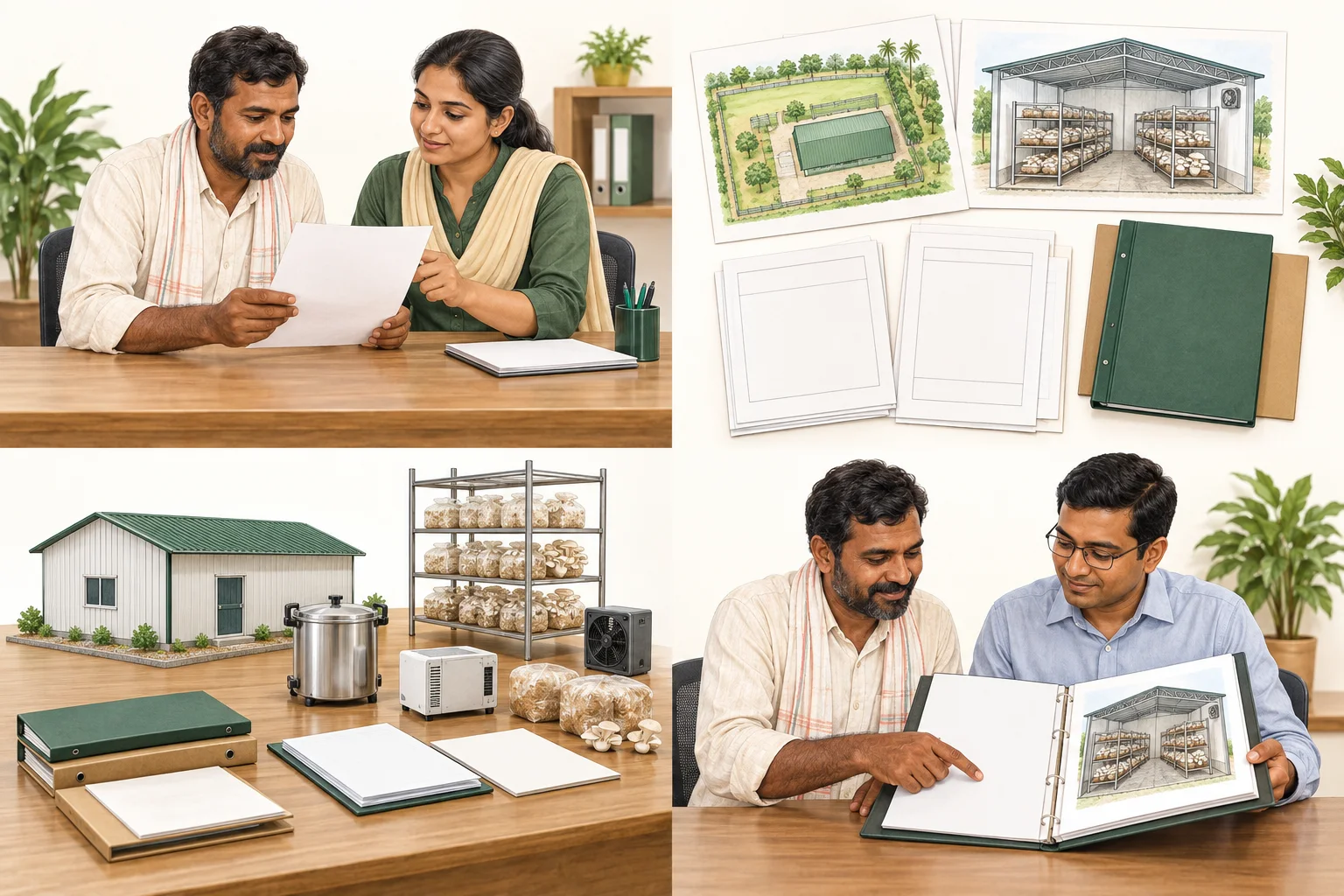 Illustration of a grower discussing project documents at an advisory desk.