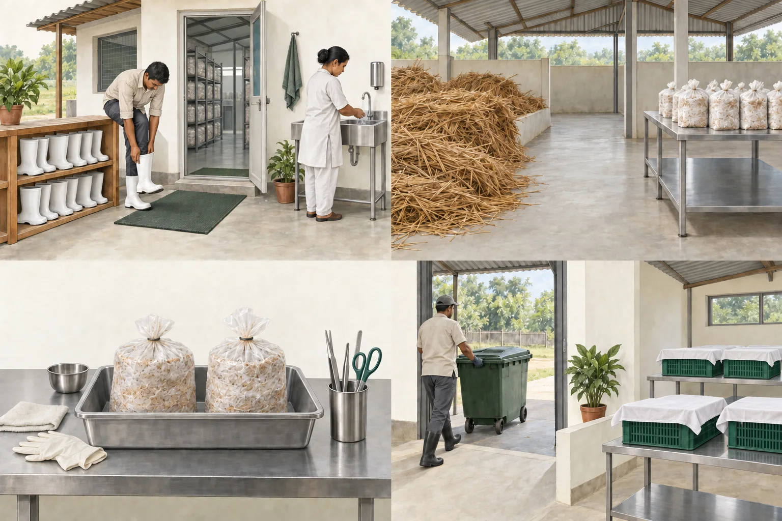 Generated illustration of dedicated work footwear and a handwashing basin at a farm entrance.