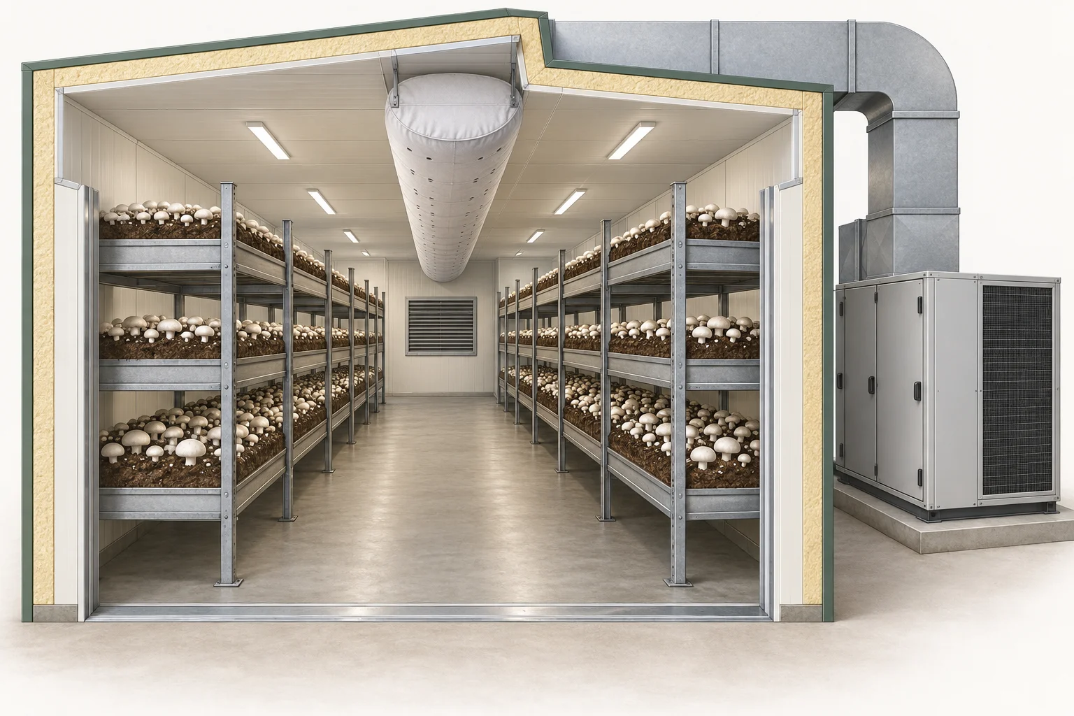 AI conceptual room cutaway showing insulated walls, tiered mushroom beds, central aisle, fabric supply duct, rear grille and external enclosed equipment; not a complete HVAC schematic.