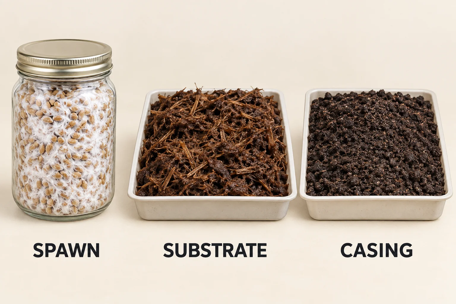 Teaching illustration comparing a jar of mycelium-colonised grain spawn, fibrous Button mushroom compost and a separate granular casing layer.