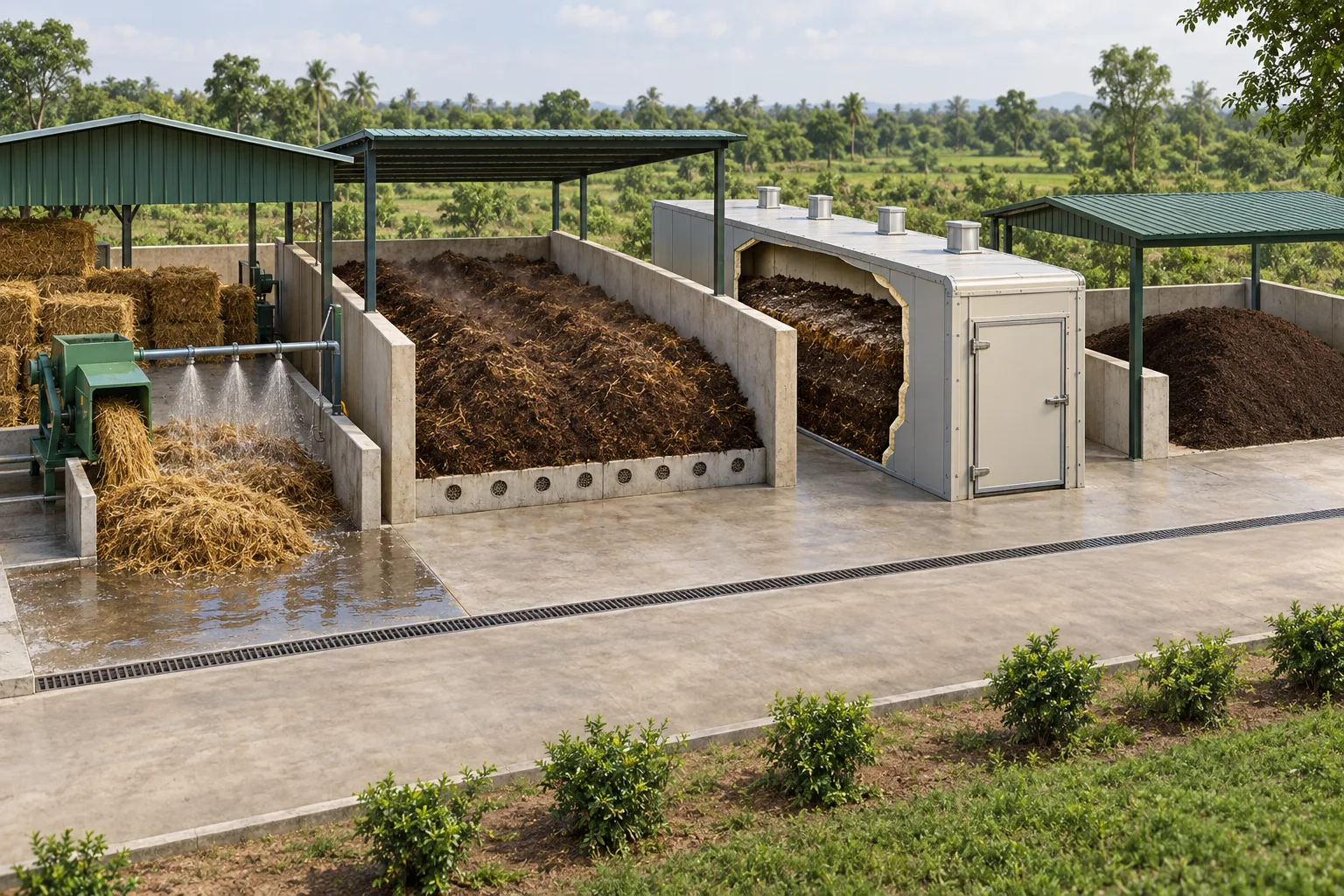 Conceptual teaching scene showing input preparation, a compost bunker, a Phase II tunnel and material handling.