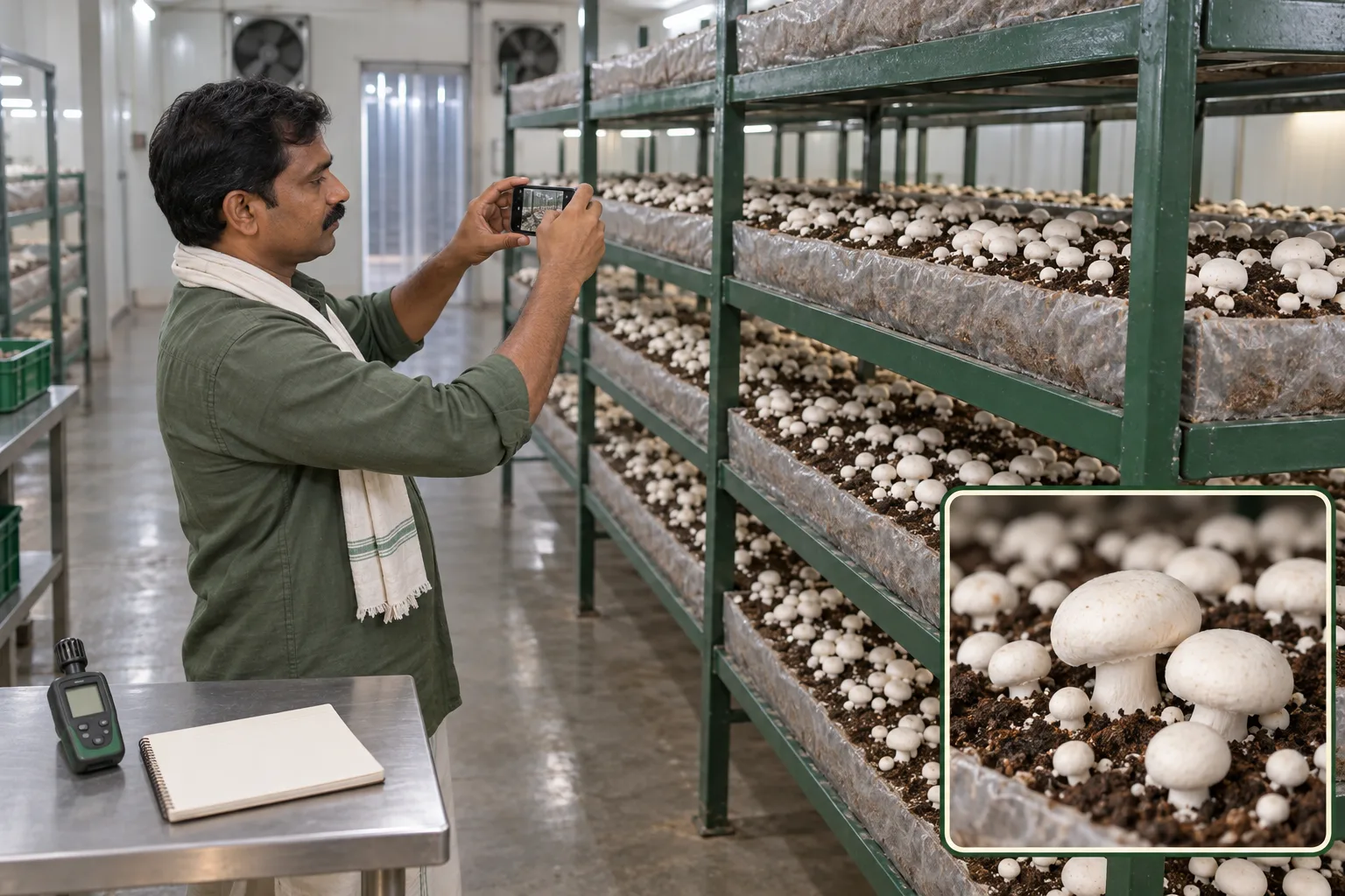 AI teaching scene showing a grower recording the bed, nearby conditions and close-up photographs; not a disease example.