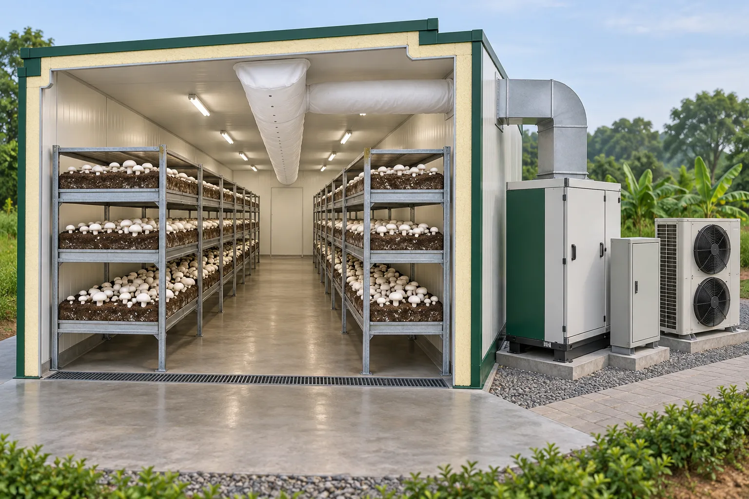 AI teaching cutaway: insulated mushroom room, tiered beds, fabric air duct and external air-handling and refrigeration equipment.
