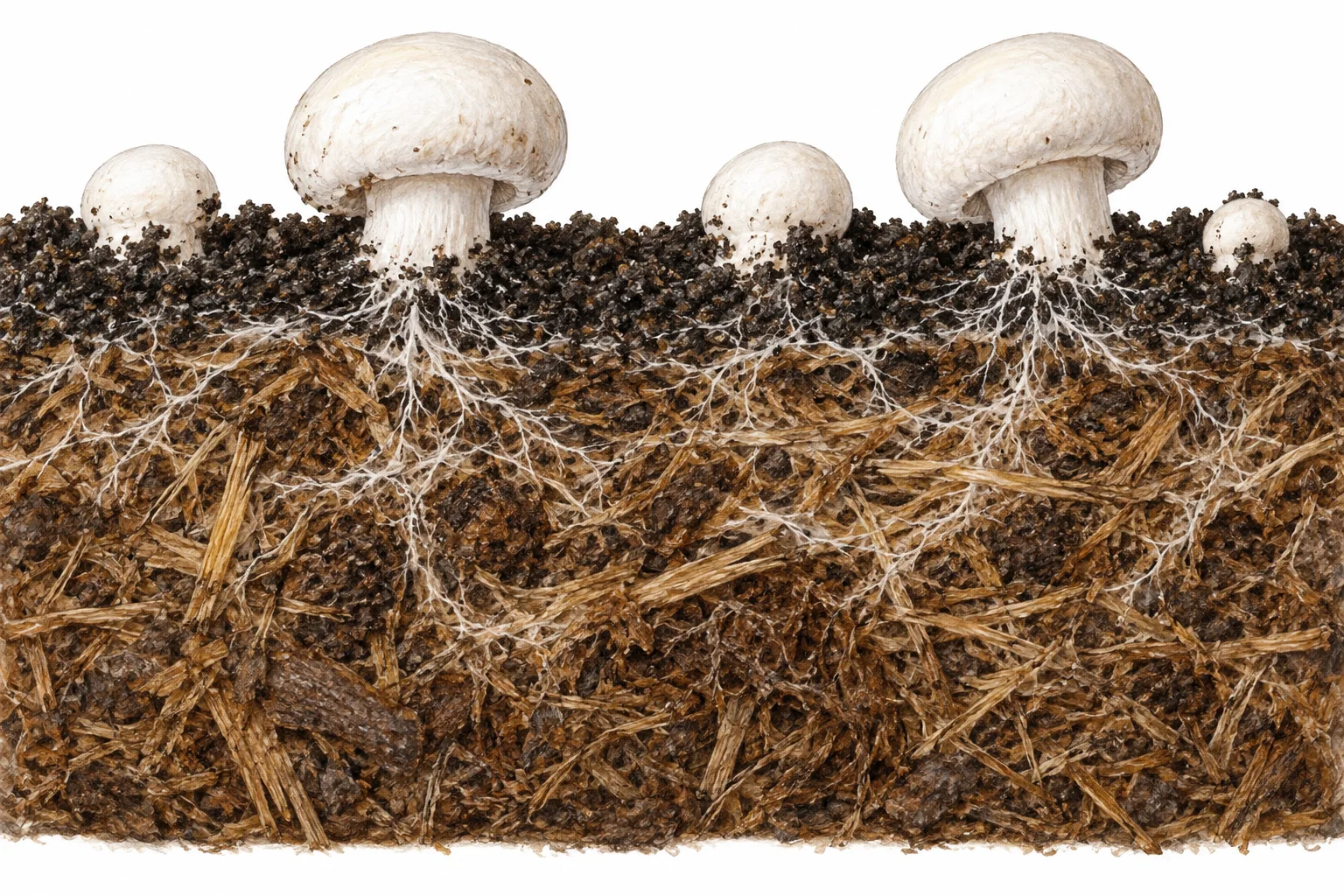 Illustrated close soil profile of Button fruit bodies, casing and deeper fibrous compost.