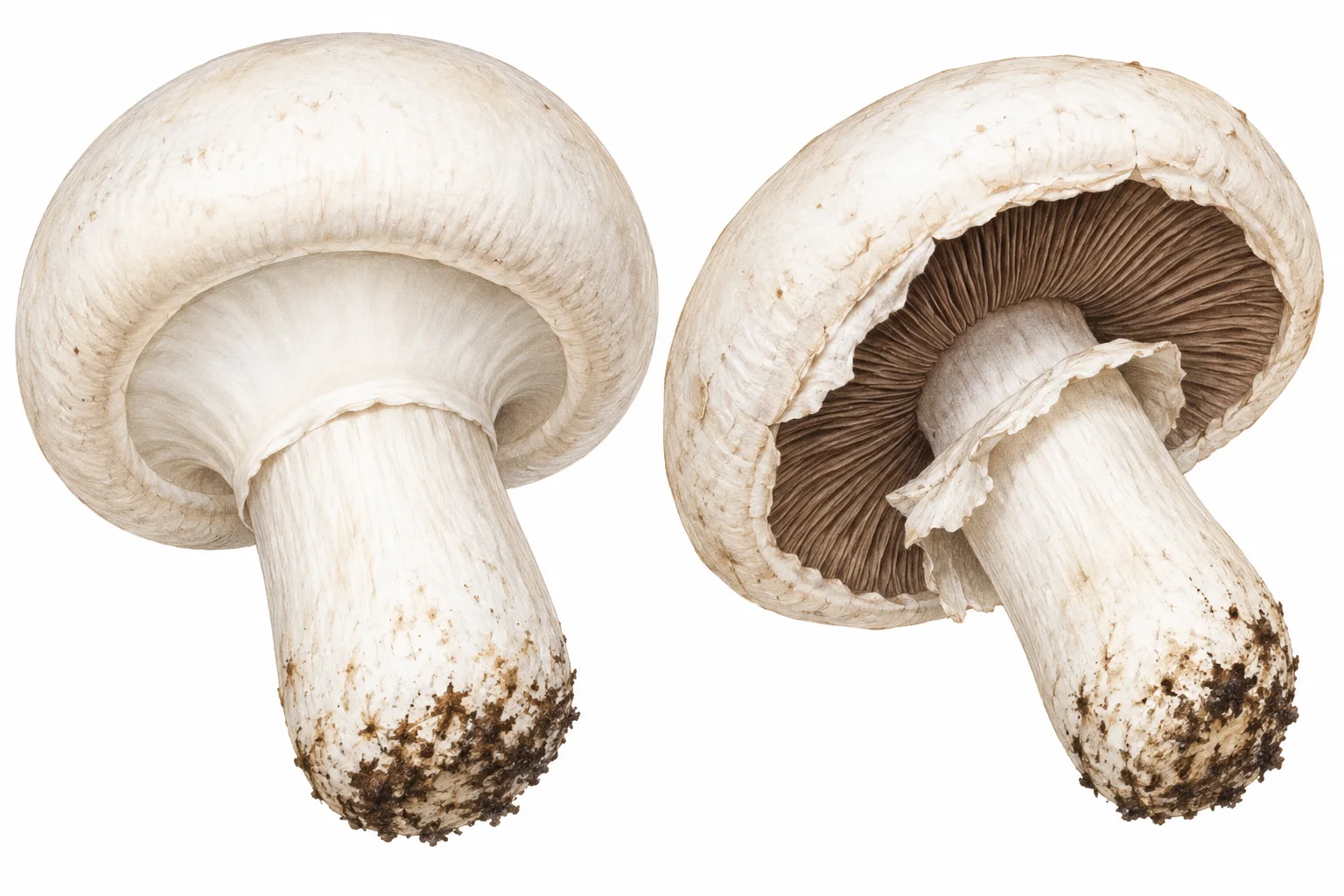 Generated botanical study of Button mushroom undersides and partial veils.