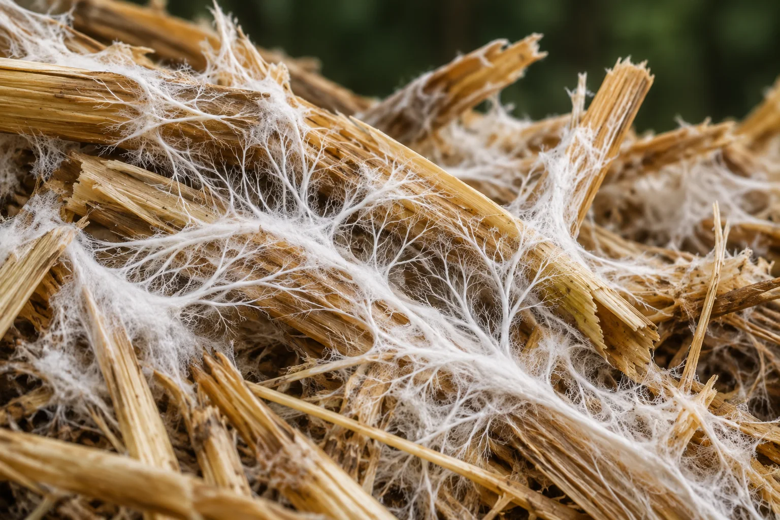 Generated close study of branching mycelium among straw fibres.